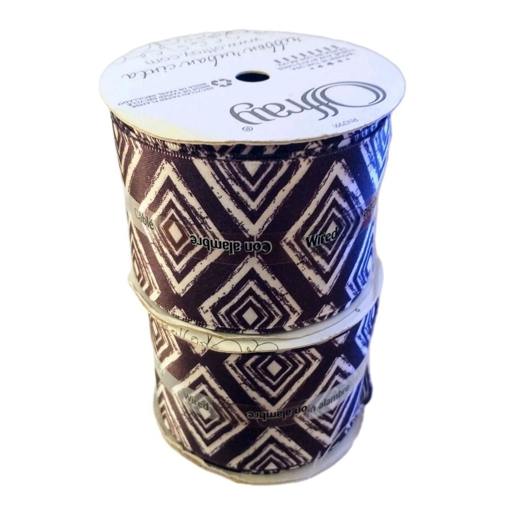 Offray 2.25" x 9' Navy Brown Diamonds Wired Moveable Satin Ribbon Lot Of 2
